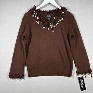 SML Design Long Sleeve Top Women XL Brown Knit Fringe Shell Boho Beach Artsy 90s